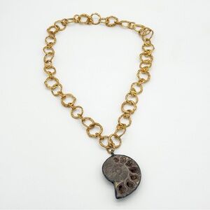 Vintage Ammonite Fossil Pendant Necklace Hammered Gold Tone Chain Statement